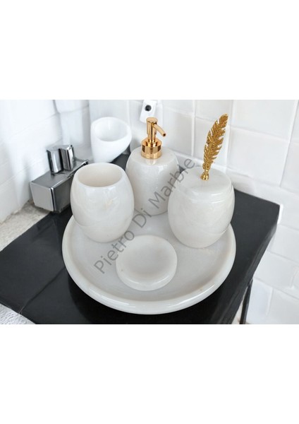 Beyaz Mermer Oval Model 5 Parça Gold Renk Kuş Tüyü Aksesuarlı Banyo Seti