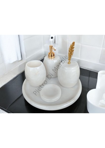Beyaz Mermer Oval Model 5 Parça Gold Renk Kuş Tüyü Aksesuarlı Banyo Seti