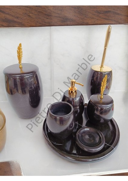 Siyah Mermer Oval Model 7 Parça Gold Renk Kuş Tüyü Aksesuarlı Banyo Seti