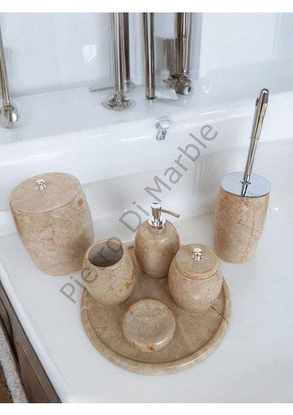 Bej Mermer Oval Model 7 Parça Gümüş Renk Düğme Aksesuarlı Banyo Seti