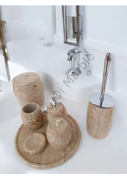 Bej Mermer Oval Model 7 Parça Gümüş Renk Düğme Aksesuarlı Banyo Seti