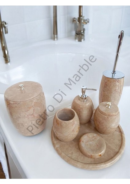 Bej Mermer Oval Model 7 Parça Gümüş Renk Düğme Aksesuarlı Banyo Seti