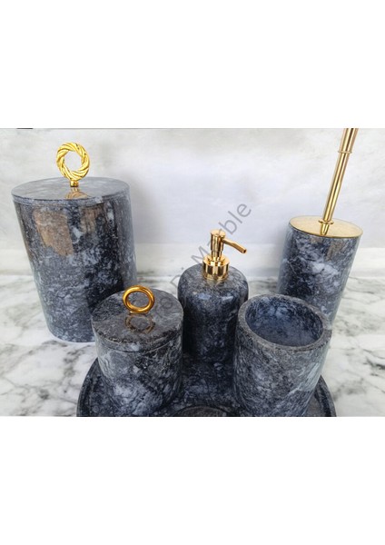 Antrasit Mermer Klasik Model 7 Parça Gold Renk Halka Aksesuarlı Banyo Seti