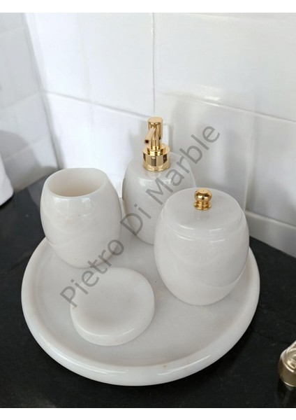 Beyaz Mermer Oval Model 5 Parça Gold Renk Düğme Aksesuarlı Banyo Seti