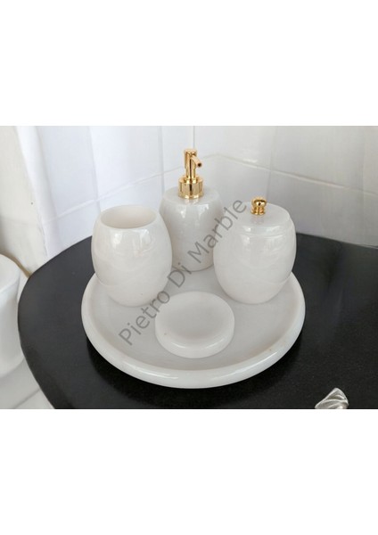 Beyaz Mermer Oval Model 5 Parça Gold Renk Düğme Aksesuarlı Banyo Seti fiyatları