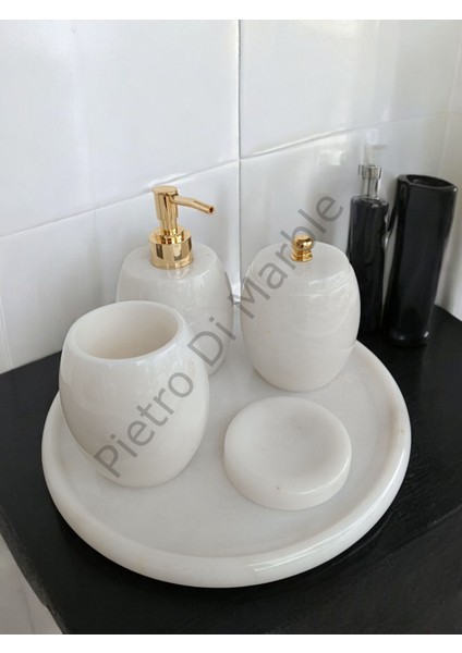 Beyaz Mermer Oval Model 5 Parça Gold Renk Düğme Aksesuarlı Banyo Seti modelleri