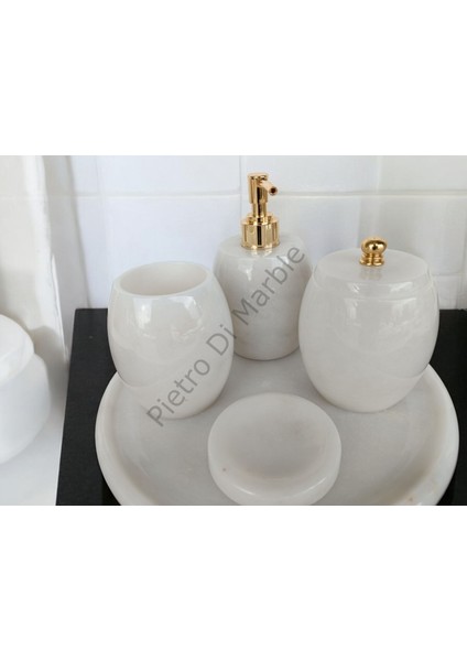 Beyaz Mermer Oval Model 5 Parça Gold Renk Düğme Aksesuarlı Banyo Seti fırsatları