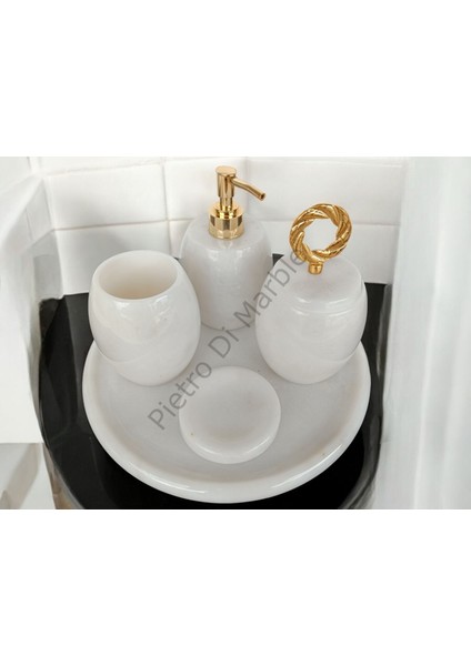 Beyaz Mermer Oval Model 5 Parça Gold Renk Halka Aksesuarlı Banyo Seti modelleri