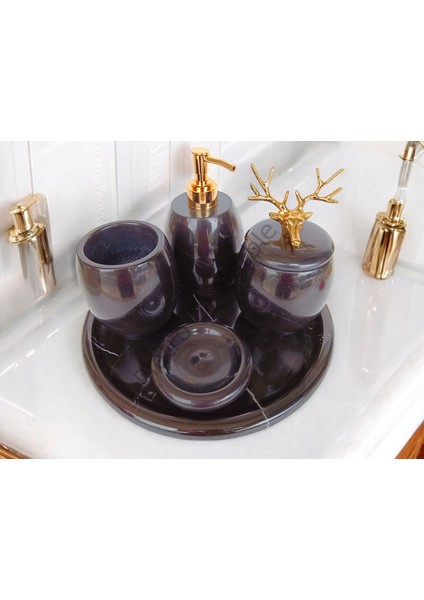 Siyah Mermer Oval Model 5 Parça Gold Renk Geyik Aksesuarlı Banyo Seti