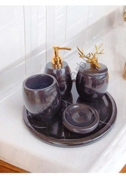 Siyah Mermer Oval Model 5 Parça Gold Renk Geyik Aksesuarlı Banyo Seti