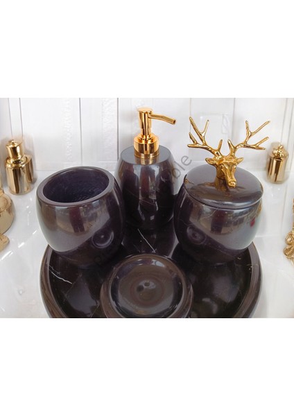 Siyah Mermer Oval Model 5 Parça Gold Renk Geyik Aksesuarlı Banyo Seti