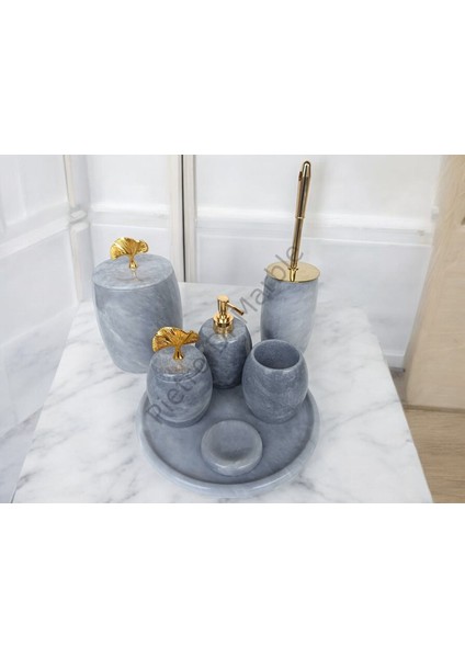 Gri Mermer Oval Model 7 Parça Gold Renk Japon Gülü Aksesuarlı Banyo Seti