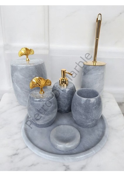 Gri Mermer Oval Model 7 Parça Gold Renk Japon Gülü Aksesuarlı Banyo Seti