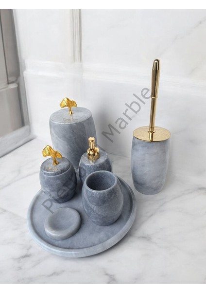 Gri Mermer Oval Model 7 Parça Gold Renk Japon Gülü Aksesuarlı Banyo Seti