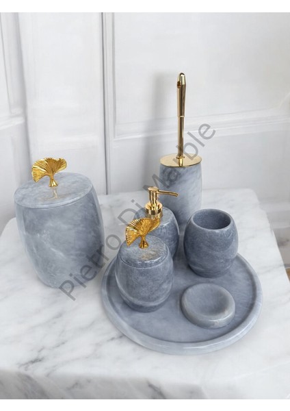 Gri Mermer Oval Model 7 Parça Gold Renk Japon Gülü Aksesuarlı Banyo Seti