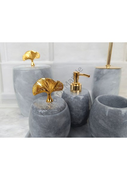 Gri Mermer Oval Model 7 Parça Gold Renk Japon Gülü Aksesuarlı Banyo Seti