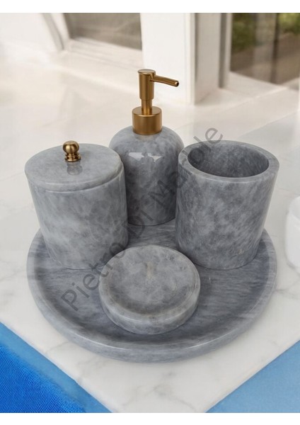 Gri Mermer Klasik Model 5 Parça Mat Gold Renk Düğme Aksesuarlı Banyo Seti