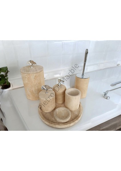 Sarı Traverten Klasik Model 7 Parça Gümüş Renk Japon Gülü Aksesuarlı Banyo Seti