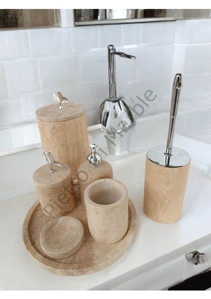 Sarı Traverten Klasik Model 7 Parça Gümüş Renk Japon Gülü Aksesuarlı Banyo Seti
