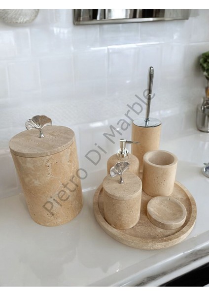 Sarı Traverten Klasik Model 7 Parça Gümüş Renk Japon Gülü Aksesuarlı Banyo Seti