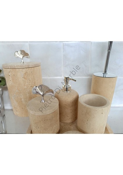 Sarı Traverten Klasik Model 7 Parça Gümüş Renk Japon Gülü Aksesuarlı Banyo Seti