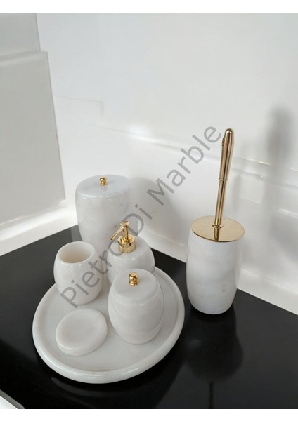 Beyaz Mermer Oval Model 7 Parça Gold Renk Düğme Aksesuarlı Banyo Seti
