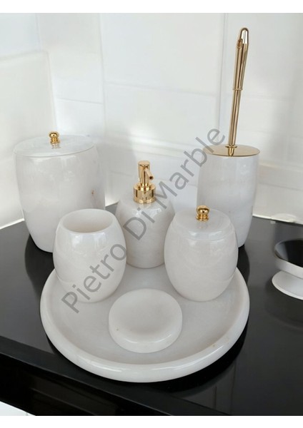 Beyaz Mermer Oval Model 7 Parça Gold Renk Düğme Aksesuarlı Banyo Seti fiyatları