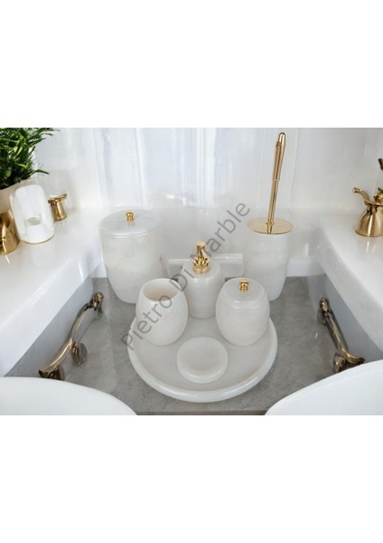 Beyaz Mermer Oval Model 7 Parça Gold Renk Düğme Aksesuarlı Banyo Seti modelleri