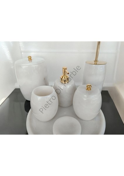 Beyaz Mermer Oval Model 7 Parça Gold Renk Düğme Aksesuarlı Banyo Seti fırsatları