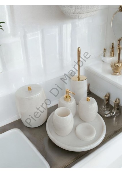 Beyaz Mermer Oval Model 7 Parça Gold Renk Düğme Aksesuarlı Banyo Seti indirimleri