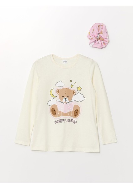 Bisiklet Yaka Baskılı Uzun Kollu Kız Çocuk Pijama Takımı ve Toka