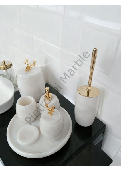 Beyaz Mermer Oval Model 7 Parça Gold Renk Geyik Aksesuarlı Banyo Seti fiyatları