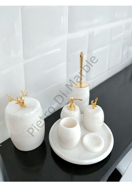 Beyaz Mermer Oval Model 7 Parça Gold Renk Geyik Aksesuarlı Banyo Seti modelleri