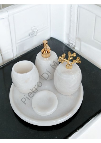 Beyaz Mermer Oval Model 5 Parça Gold Renk Mercan Aksesuarlı Banyo Seti