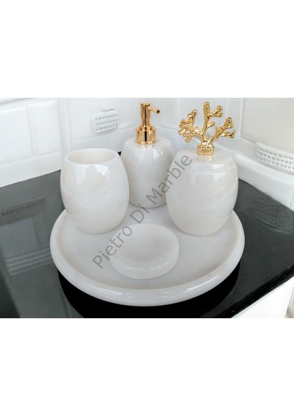 Beyaz Mermer Oval Model 5 Parça Gold Renk Mercan Aksesuarlı Banyo Seti fiyatları