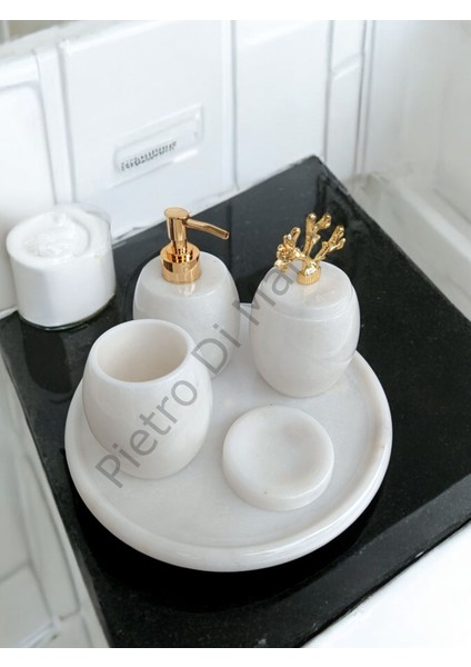 Beyaz Mermer Oval Model 5 Parça Gold Renk Mercan Aksesuarlı Banyo Seti modelleri