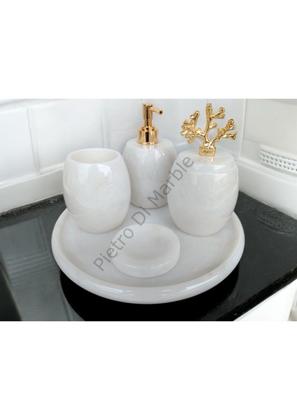 Beyaz Mermer Oval Model 5 Parça Gold Renk Mercan Aksesuarlı Banyo Seti fırsatları
