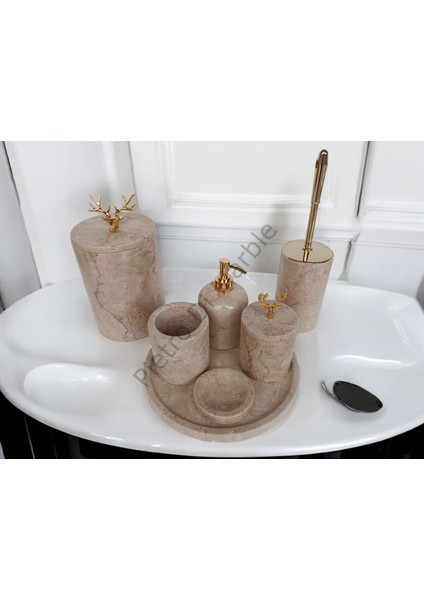 Bej Mermer Klasik Model 7 Parça Gold Renk Geyik Aksesuarlı Banyo Seti