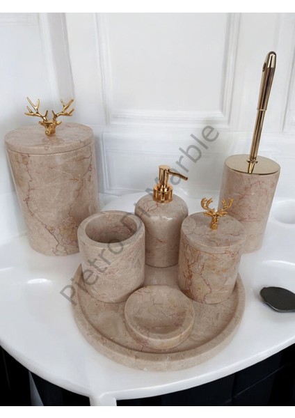 Bej Mermer Klasik Model 7 Parça Gold Renk Geyik Aksesuarlı Banyo Seti