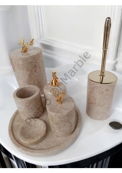 Bej Mermer Klasik Model 7 Parça Gold Renk Geyik Aksesuarlı Banyo Seti