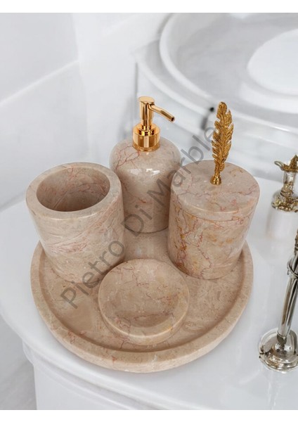Bej Mermer Klasik Model 5 Parça Gold Renk Kuş Tüyü Aksesuarlı Banyo Seti