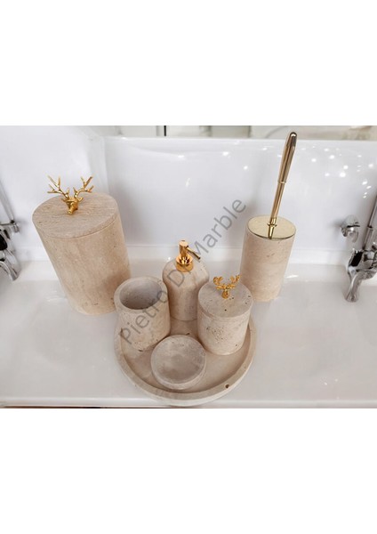 Sarı Traverten Klasik Model 7 Parça Gold Renk Geyik Aksesuarlı Banyo Seti