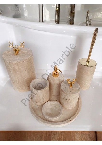 Sarı Traverten Klasik Model 7 Parça Gold Renk Geyik Aksesuarlı Banyo Seti fiyatları