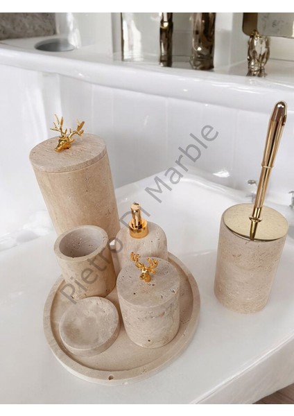 Sarı Traverten Klasik Model 7 Parça Gold Renk Geyik Aksesuarlı Banyo Seti modelleri