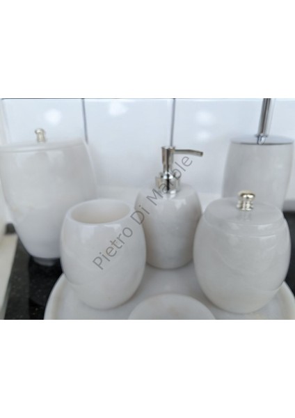 Beyaz Mermer Oval Model 7 Parça Gümüş Renk Düğme Aksesuarlı Banyo Seti