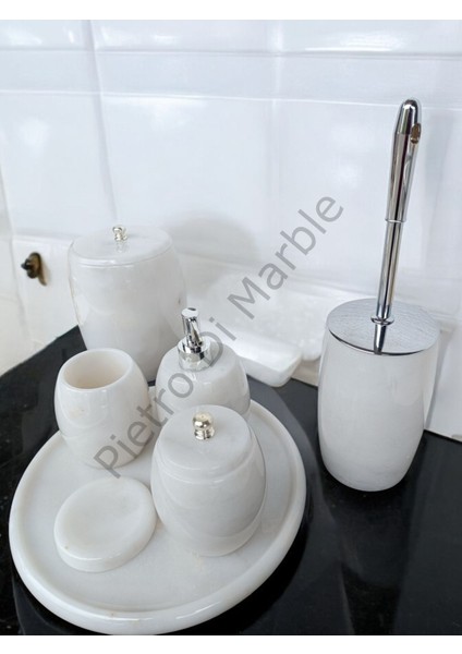 Beyaz Mermer Oval Model 7 Parça Gümüş Renk Düğme Aksesuarlı Banyo Seti fırsatları