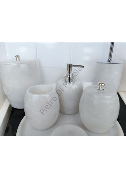 Beyaz Mermer Oval Model 7 Parça Gümüş Renk Düğme Aksesuarlı Banyo Seti indirimleri