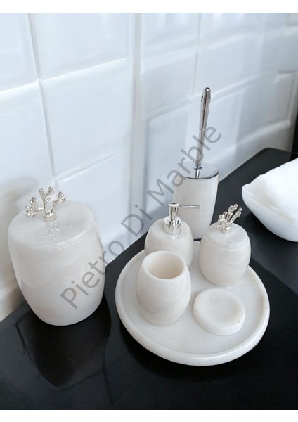 Beyaz Mermer Oval Model 7 Parça Gümüş Renk Mercan Aksesuarlı Banyo Seti