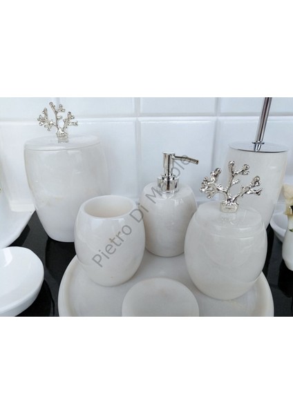 Beyaz Mermer Oval Model 7 Parça Gümüş Renk Mercan Aksesuarlı Banyo Seti modelleri