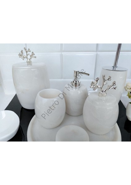 Beyaz Mermer Oval Model 7 Parça Gümüş Renk Mercan Aksesuarlı Banyo Seti fırsatları
